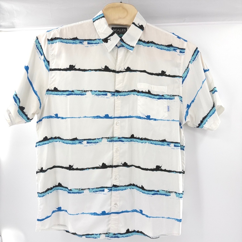 Scales White with Black/Blue Marlin Stripe Performance Fishing Shirt Men XL